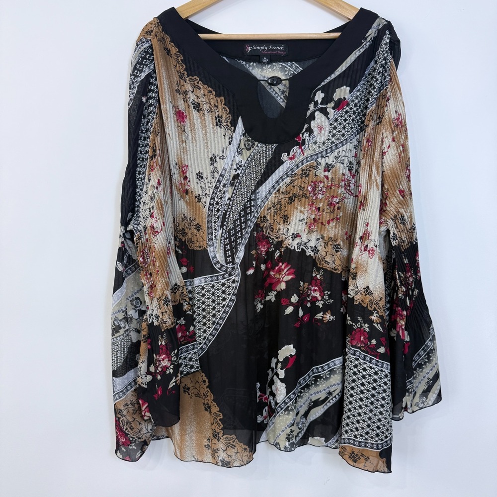 Simply French Sheer Chiffon Tunic Top Size 3X Mixed Print Pleated Flared Sleeves